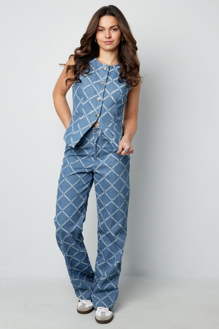 Blauwe Jeans met Ruitpatroon en Rechte PijpenJeans met ruitpatroonLovirea
