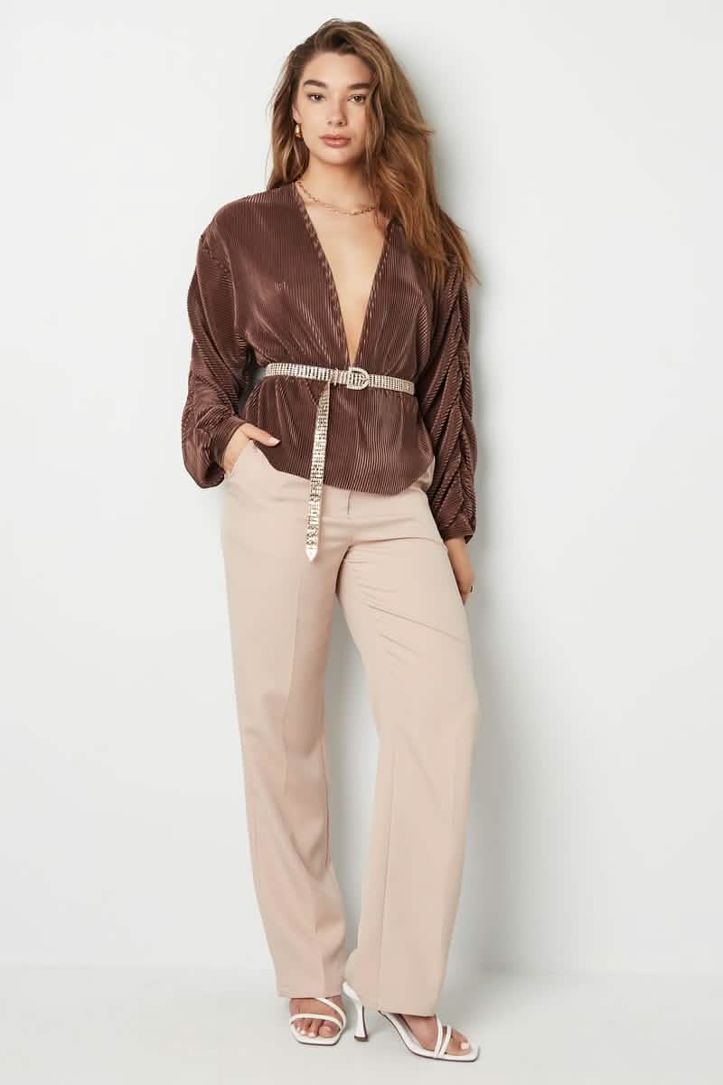 Blouse with rib structure and pleated sleeves Brown SClothes/Women's Tops/Long sleeve topsLovirea
