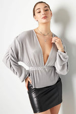 Blouse with rib structure and pleated sleeves Brown SClothes/Women's Tops/Long sleeve topsLovirea