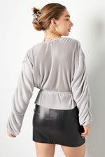 Blouse with rib structure and pleated sleeves Brown SClothes/Women's Tops/Long sleeve topsLovirea