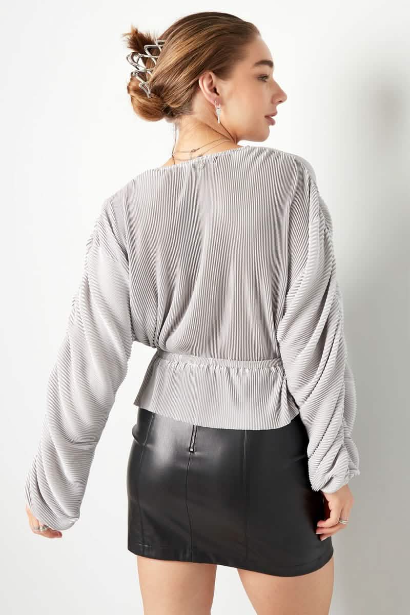 Blouse with rib structure and pleated sleeves Brown SClothes/Women's Tops/Long sleeve topsLovirea