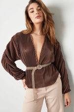 Blouse with rib structure and pleated sleeves Brown SClothes/Women's Tops/Long sleeve topsLovirea