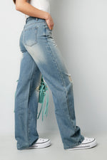 Cotton Woven Women's Straight Leg Jeans RippedClothes/Women's denim/Denim pantsLovirea