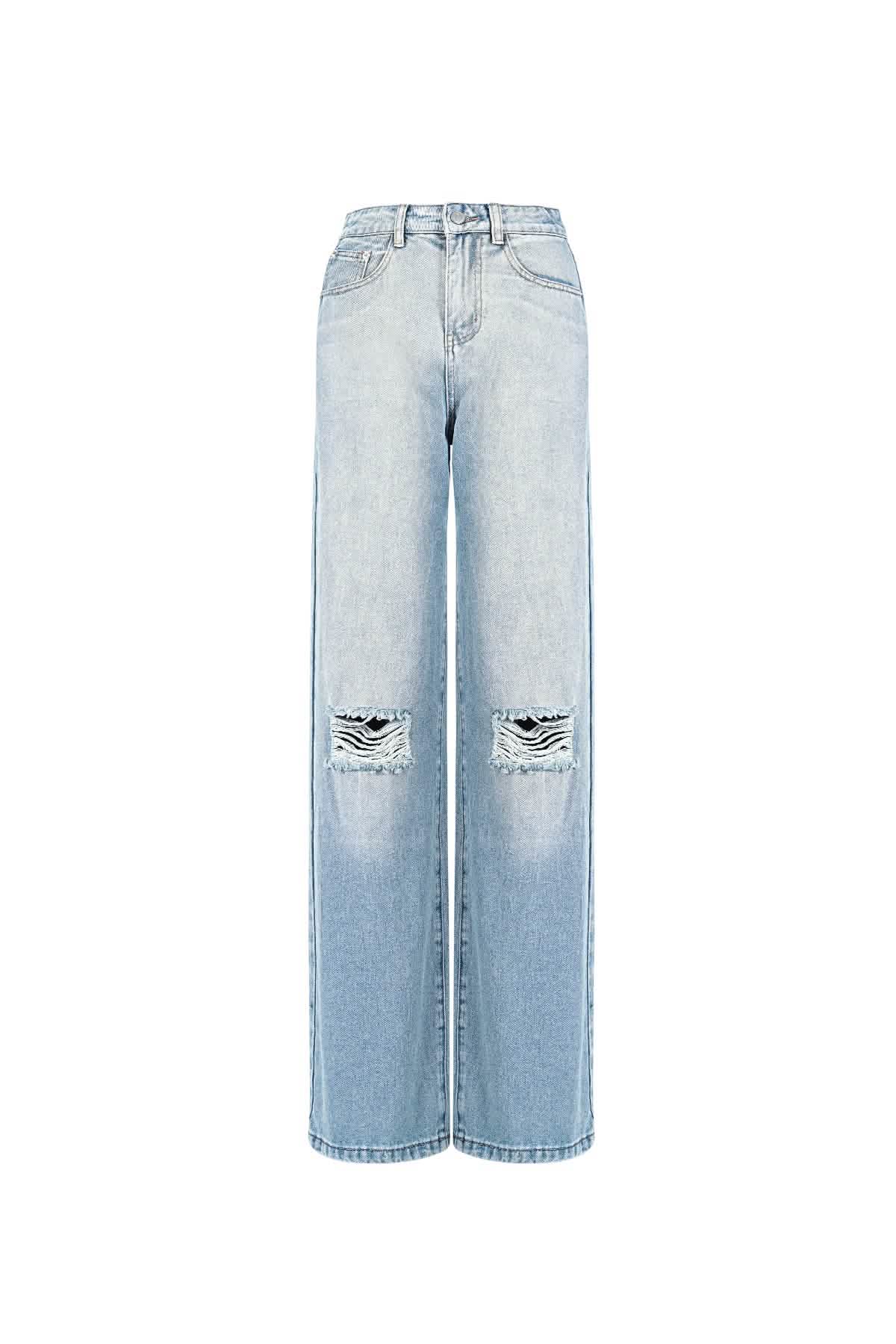 Cotton Woven Women's Straight Leg Jeans RippedClothes/Women's denim/Denim pantsLovirea