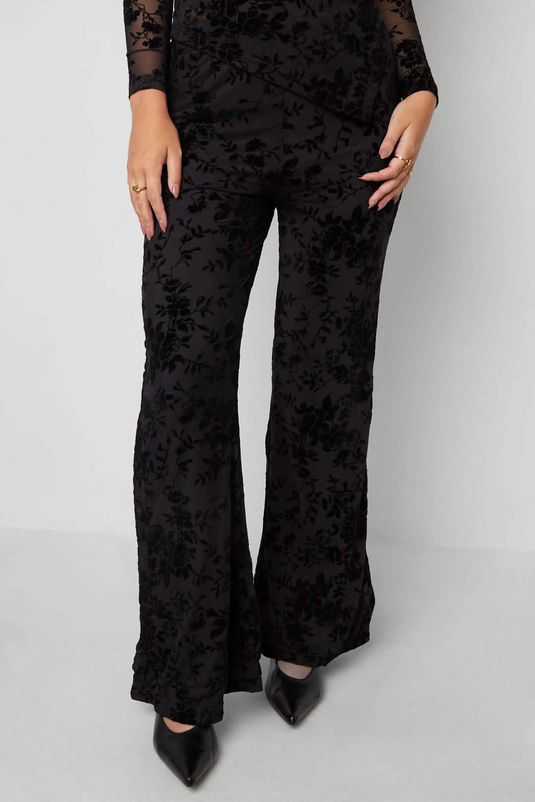 Mesh pants with suede floral print – designed to matchClothes/Women's Bottoms/Flaired pantsLovirea