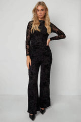 Mesh pants with suede floral print –