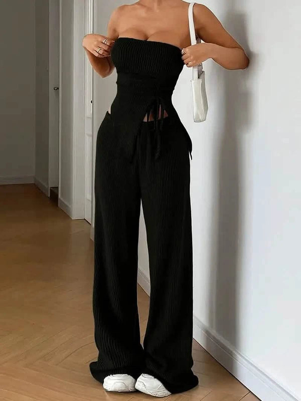 Two - piece set Black Ribbed JumpsuitLovirea