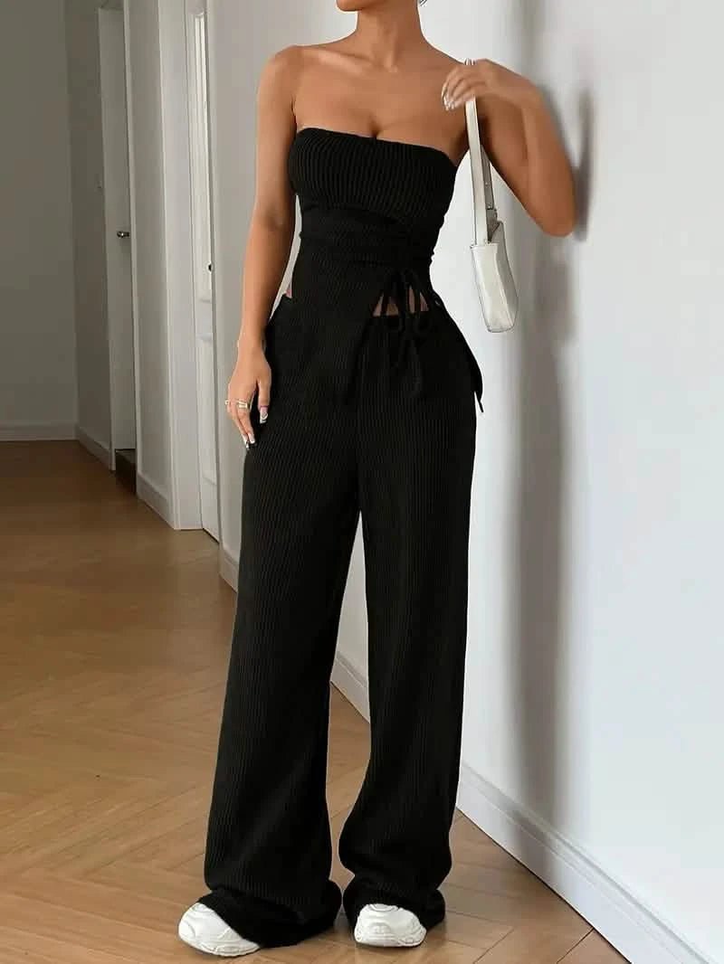 Two - piece set Black Ribbed JumpsuitLovirea
