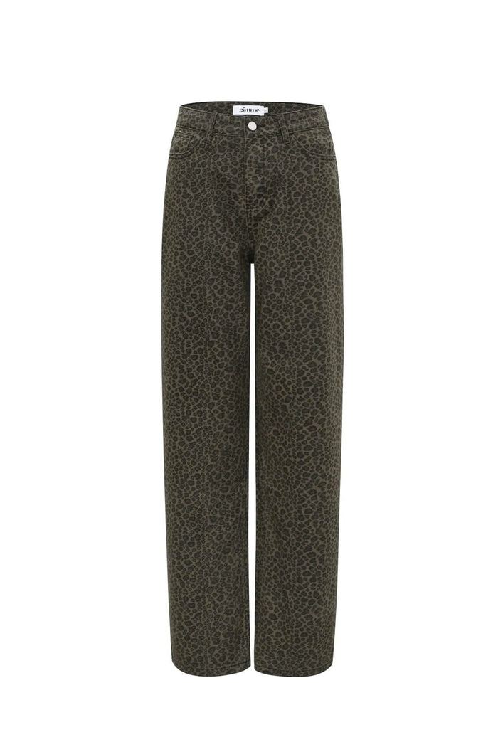 Woven Cotton Women's Straight Leg Pants Leopard Print Fall/Winter