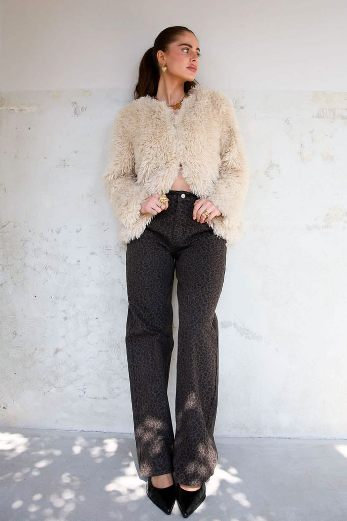 Woven Cotton Women's Straight Leg Pants Leopard Print Fall/Winter