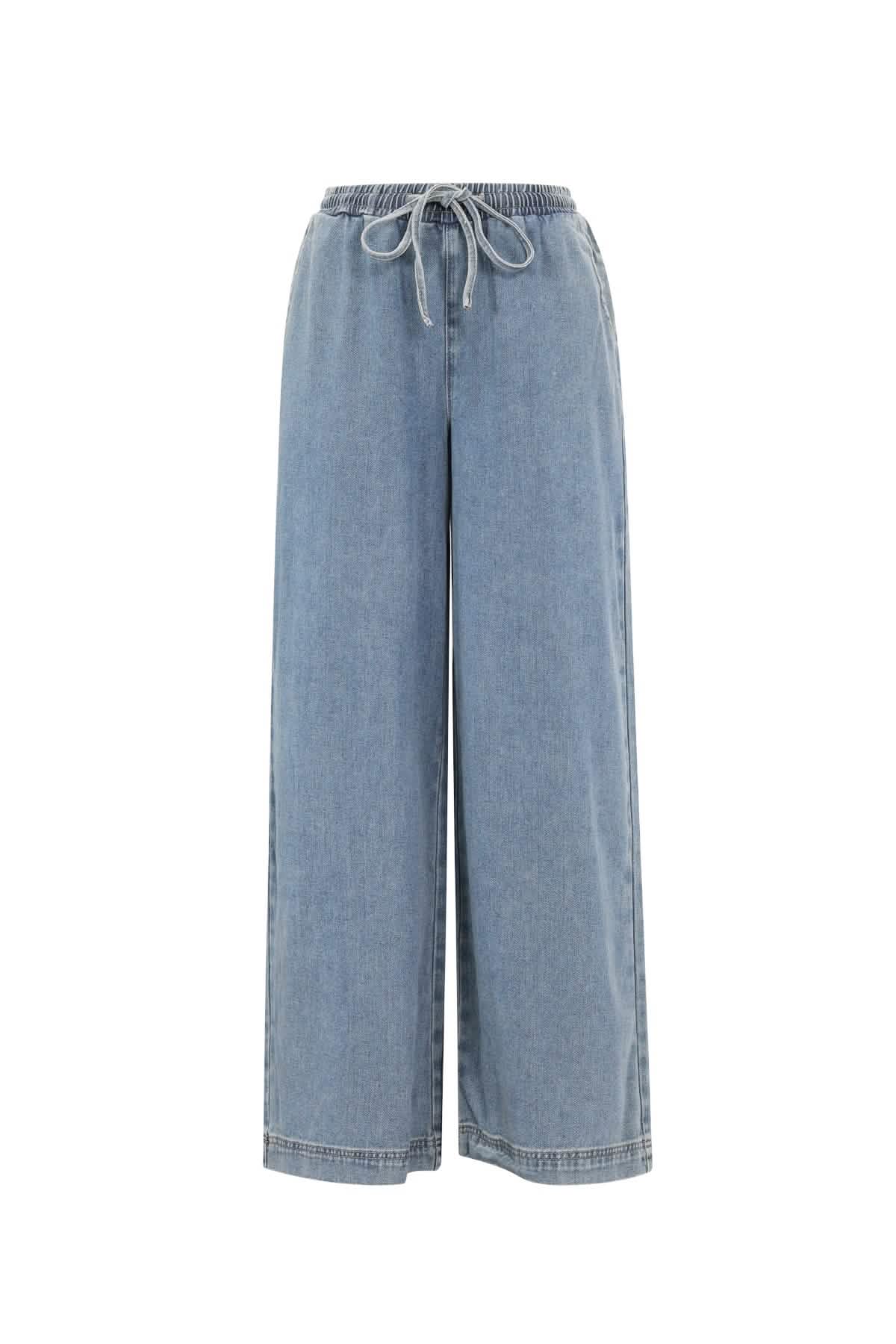 Woven Cotton Women's Wide Leg Denim Pants Sporty Solid ColorClothes/Women's denim/Denim pantsLovirea