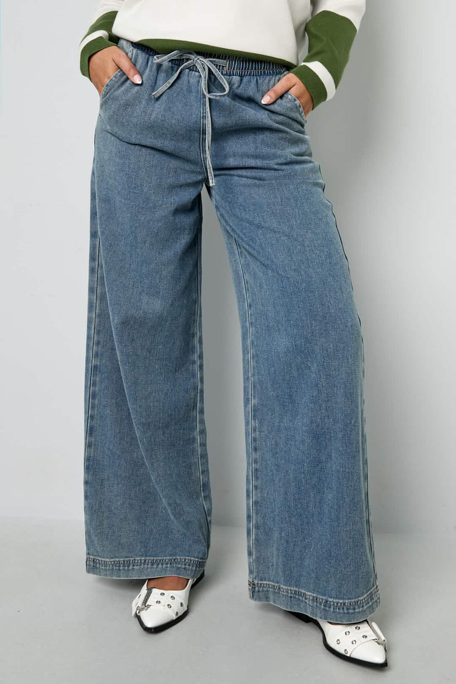 Woven Cotton Women's Wide Leg Denim Pants Sporty Solid ColorClothes/Women's denim/Denim pantsLovirea
