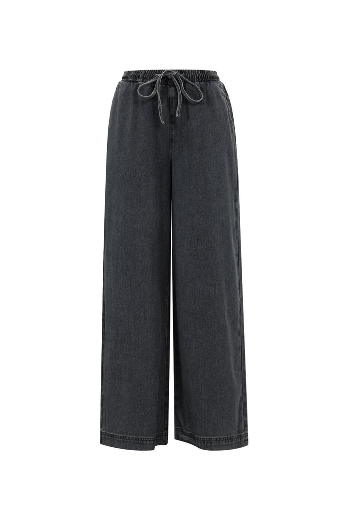 Woven Cotton Women's Wide Leg Denim Pants Sporty Solid Color